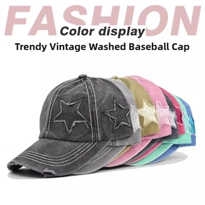 Distressed cotton baseball caps with sequin stars in multiple vintage wash colors