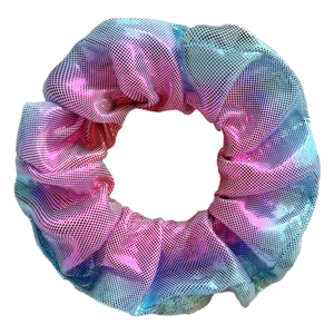 Pink and blue gradient laser fabric scrunchie with metallic gloss and mesh texture