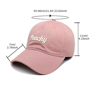 Pink baseball cap with 3D Peachy embroidery and detailed size guide measurements