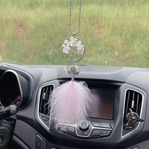 Car dreamcatcher pendant with pink feathers and silver Tree of Life crystal charm