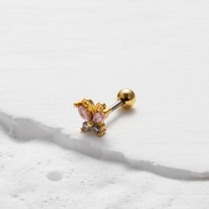 Butterfly stud earring with pink and purple zircon stones in golden stainless steel