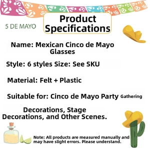 Detailed size and material specifications for six colorful Cinco de Mayo felt party glasses