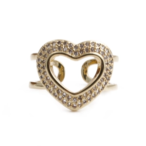 Elegante anello aperto placcato oro con design a cuore a doppio strato e pavé di zirconi
