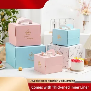 Cake Box Portable Handle Gold Stamping Paper Packaging For Bakery Birthday Party Gift Transparent Window Marble Pattern