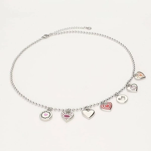 Stainless steel ball chain necklace with multi-colored enamel heart pendants and True Love engraving
