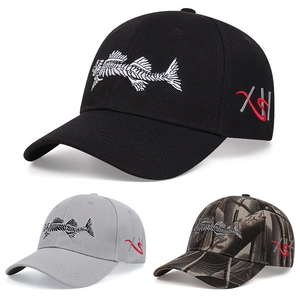 Embroidered fish bone baseball caps in black, grey, and camouflage patterns