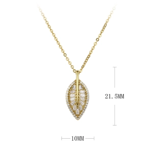 Close-up of gold leaf pendant with zircon inlay showing dimensions 21.5mm by 10mm