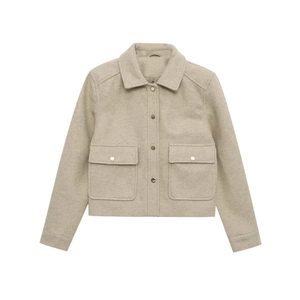 Women's oatmeal cropped wool jacket with lapel collar and metal buttons in flat lay view