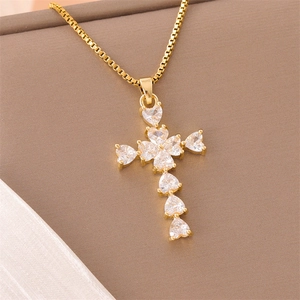 Heart Cross Pendant Necklace Gold Plated Stainless Steel Heart Shaped Zirconia Minimalist Fashion Jewelry For Women