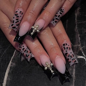 Long Coffin Press On Nails Leopard Print French Tip Black Metallic Cross Charm Rhinestone Glossy Fashionable Women Fake Nails