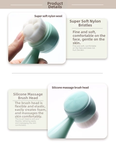 Detail of mint green facial brush with soft nylon bristles and silicone massage head