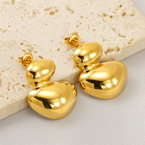 Stud Earrings 18K Gold Plated Stainless Steel Irregular Organic Double Layer Pebble Mirror Finish Modern Art Style For Women