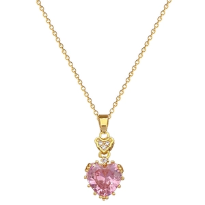 Elegant gold titanium necklace featuring a pink heart zircon pendant with micro-inlay