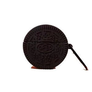 Detail of Oreo cookie style silicone case for AirPods with black carabiner clip