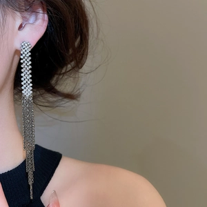 Detail of silver long tassel earrings with sparkling rhinestones on female model
