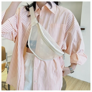 Detail of white mesh crossbody chest bag featuring a durable zipper and canvas strap
