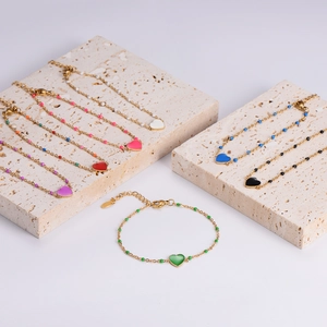 Bohemian 18k gold plated stainless steel heart bracelets with colorful enamel beads
