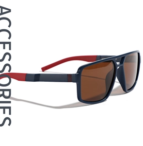 Detail of navy blue TR90 square frame sunglasses with double bridge and red accents