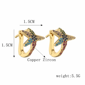 Detail view of gold starfish earrings with colorful zircon inlay and size dimensions