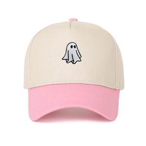 Retro Halloween Bestickte Geister 5-Panel-Baseballkappe in Beige und Rosa Farbkombination