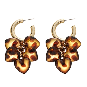 Retro leopard print acrylic heart drop earrings with gold C-shape hoops for women