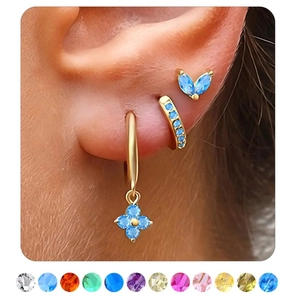 Minimalist Copper Birthstone Earrings For Women Gold Plated Rhinestone Leaf Butterfly Four Leaf Clover Jewelry Birthday Gift