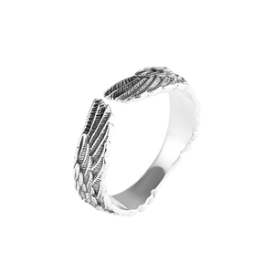 Unisex sterling silver angel wing open ring with vintage feather texture on white background
