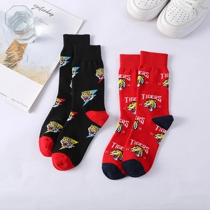 Unisex mid-calf cotton sports socks with tiger embroidery and 1986 letter prints