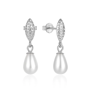 Macro shot of S925 silver hoop earrings with marquise diamonds and drop-shaped pearls