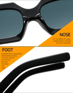 Macro detail of comfortable nose pads and ergonomic temples of black square sunglasses