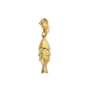 Close-up of golden fish-shaped titanium steel pendant with lobster clasp attachment