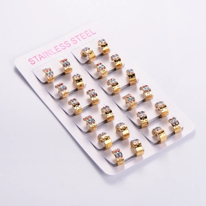 Set of 10 pairs of gold stainless steel huggie earrings with colorful sparkling rhinestones
