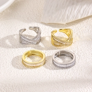 Luxury Baguette Zircon Open Rings For Women Modern Geometric Adjustable Copper Ring Fashion Jewelry 18K Gold Plated