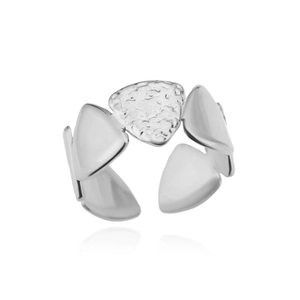Close-up of adjustable silver ring featuring hammered and polished geometric triangles
