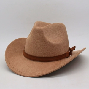 Classic light brown western cowboy hat in faux suede with a dark leather buckle band