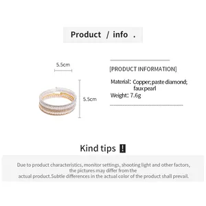 Detail showing 5.5cm diameter measurement of layered pearl and diamond copper bracelet