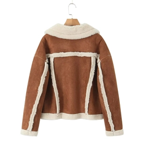 Brown suede jacket with white faux shearling lining, back view on wooden hanger
