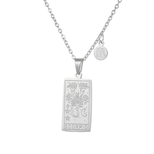 Detailed macro view of silver Scorpio tarot necklace with rectangular zodiac pendant