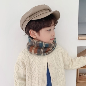 Kids retro knit scarf and khaki PU beret cap set with cream cardigan for autumn winter