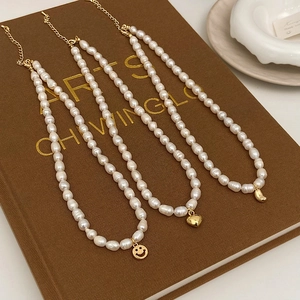 Freshwater Pearl Necklace With Gold Plated Smile Heart Bean Pendants Vintage French Style Choker Jewelry For Women