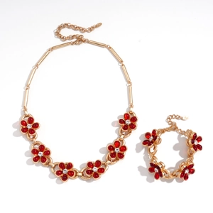Vintage gold chain necklace and bracelet set with red glass flowers and diamonds