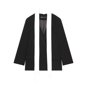 Women Blazer Jacket With Contrast Scarf Detail Loose Fit Long Sleeve Polyester Business Casual Commuter Outerwear