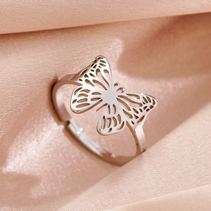 Minimalist stainless steel butterfly open ring for women with polished silver finish
