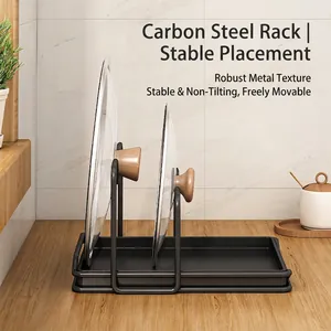 Carbon steel kitchen pot lid rack with U-shaped design for steady countertop storage