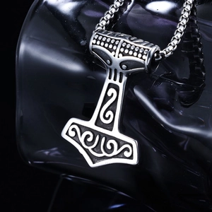 Viking Thor's Hammer Mjölnir necklace in vintage stainless steel with box chain