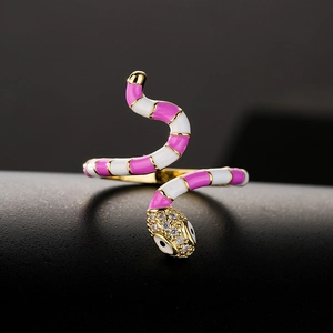 Pink and white enamel snake ring with 18K gold plating and sparkling zircon stones