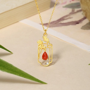 925 silver ginkgo leaf necklace with red agate water drop pendant in gold finish