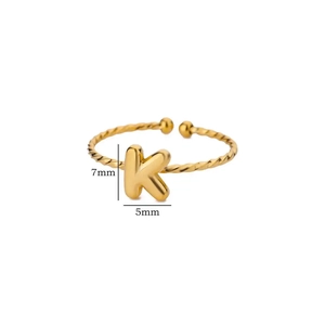 18k gold plated stainless steel open ring with twisted band and 3D letter K design