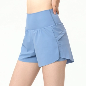 Short de Sport Taille Haute pour Femme Design Superposé Anti-Exposition Short de Course Gym Séchage Rapide Respirant Nylon Élasthanne Yoga Fitness