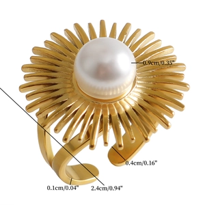 18K gold plated sunflower open ring with central white pearl and detailed dimensions